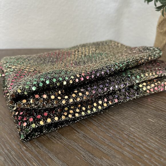 1 Yard Holographic Multi-Color Iridescent Sequin Dot Fabric On Black/Gold Knit - Picture 3 of 8